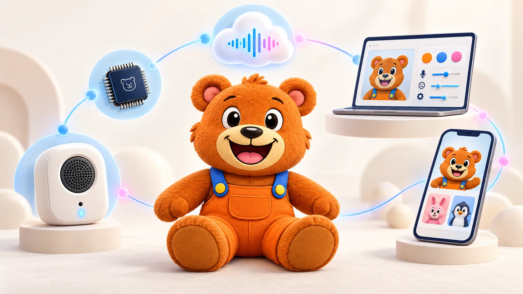 Conceptual LifeToy platform with Bearie, voice hardware, firmware, cloud services, Studio and companion app.